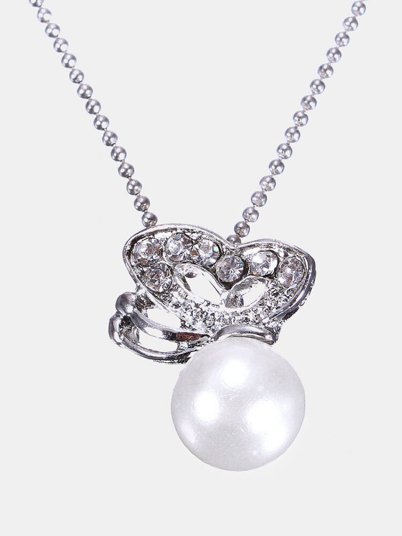 Butterfly Crystal Pearl Pendant Chain Necklace