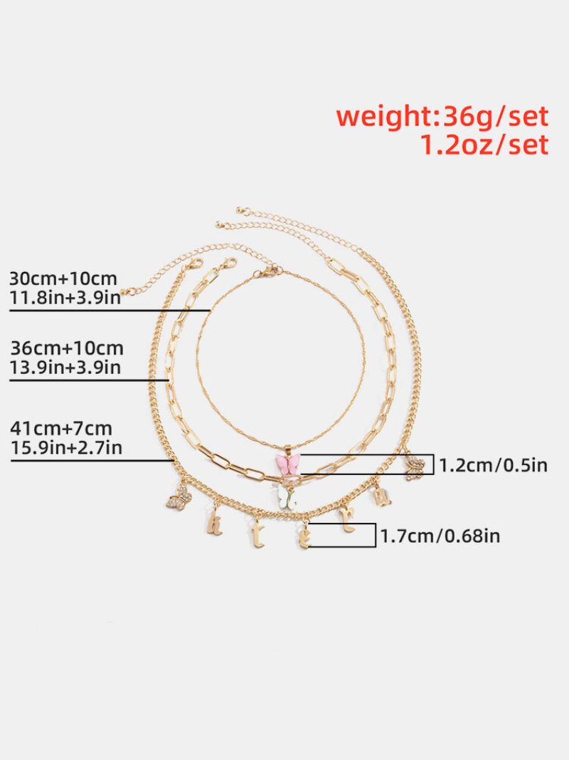 Vintage Ötvözet Egyszerű Többrétegű Bojt Több Elemből Álló Nyaklánc Pillangós Betűs Készlet