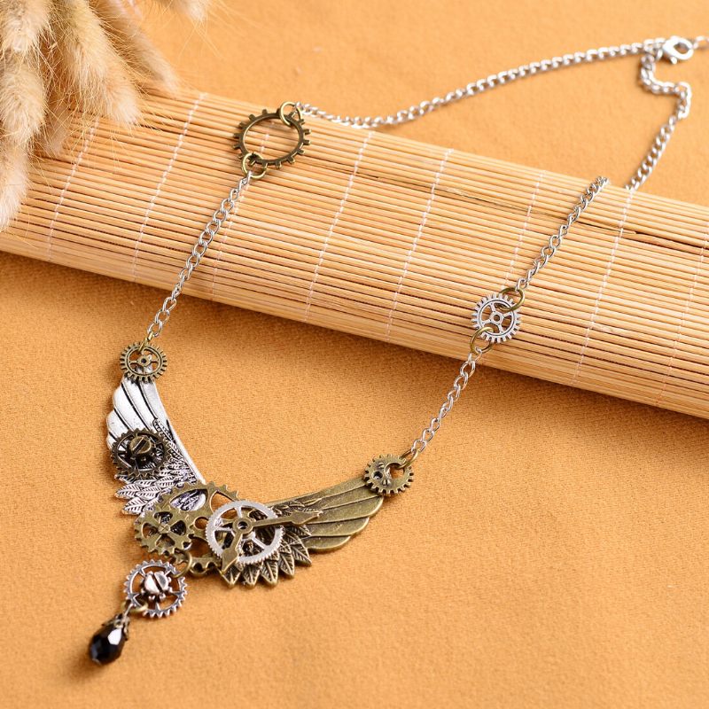 Vintage Unisex Ékszer Steampunk Wings And Gear Nyaklánc Crystal Drop Charm