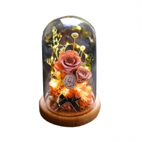 Tartósított Friss Virág Ajándék Üvegedénnyel És Fa Alappal Led Lámpákkal Romantikus Rózsa Barátnőnek
