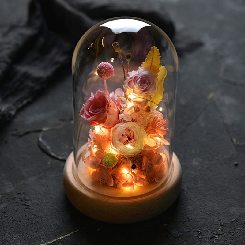 Tartósított Friss Virág Ajándék Üvegedénnyel És Fa Alappal Led Lámpákkal Romantikus Rózsa Barátnőnek