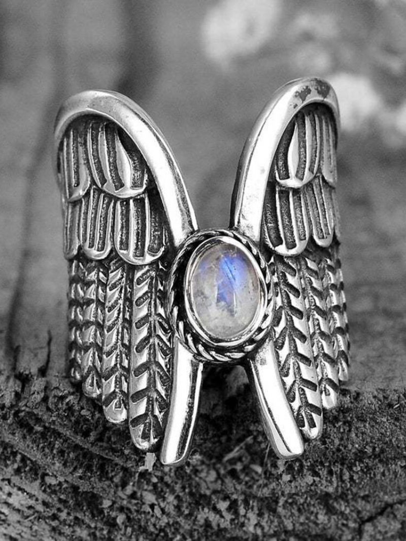 Ötvözet Vintage Angel Wing Ring Moon Stone Női Gyűrű Thai Ezüst Tollgyűrű