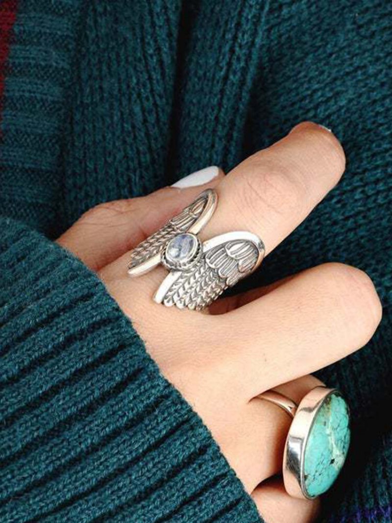 Ötvözet Vintage Angel Wing Ring Moon Stone Női Gyűrű Thai Ezüst Tollgyűrű