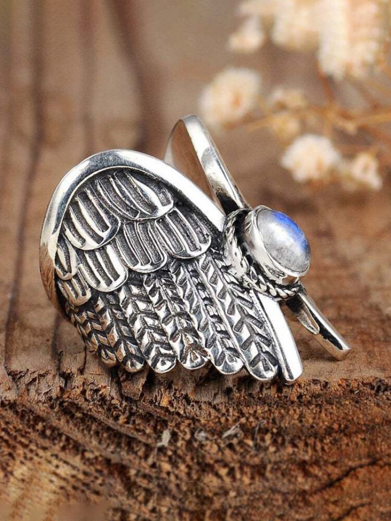 Ötvözet Vintage Angel Wing Ring Moon Stone Női Gyűrű Thai Ezüst Tollgyűrű