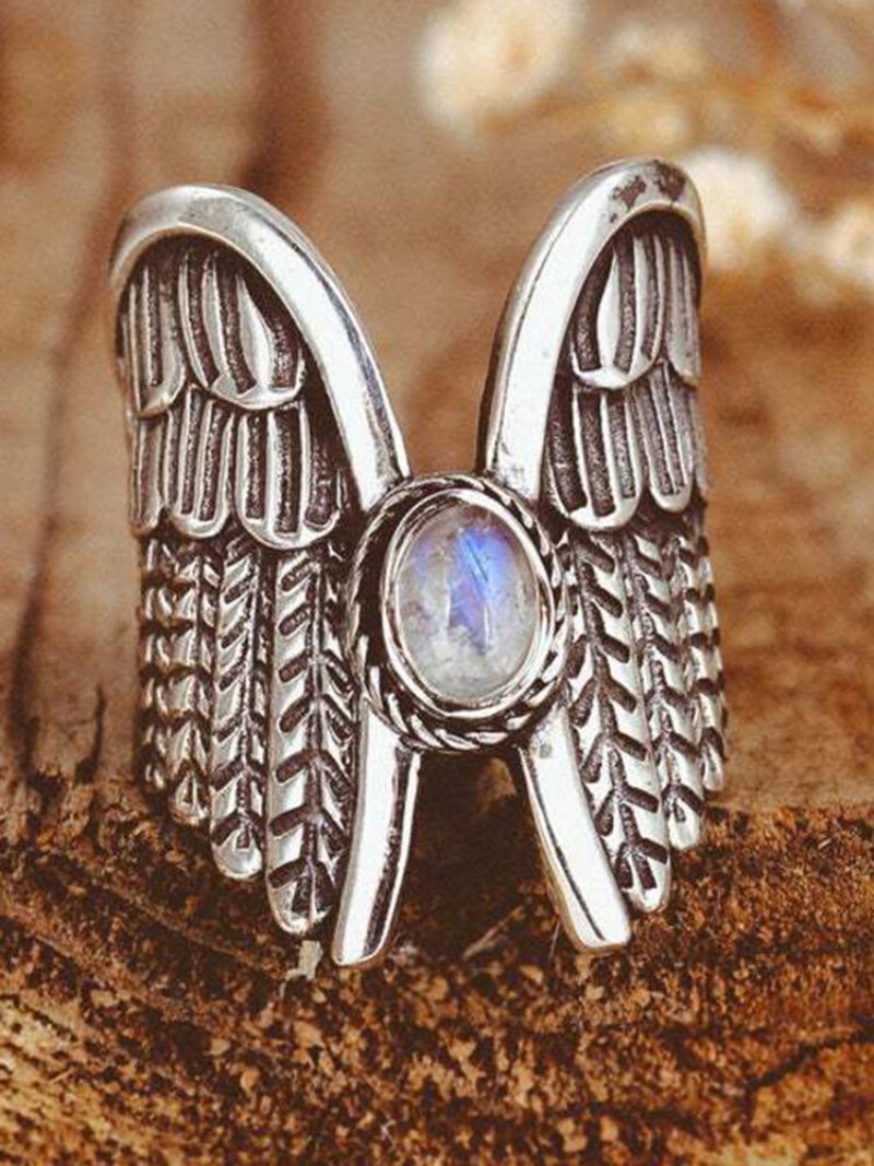 Ötvözet Vintage Angel Wing Ring Moon Stone Női Gyűrű Thai Ezüst Tollgyűrű