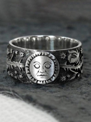 Punk Sun Moon Ring Thai Ezüst Virággyűrű