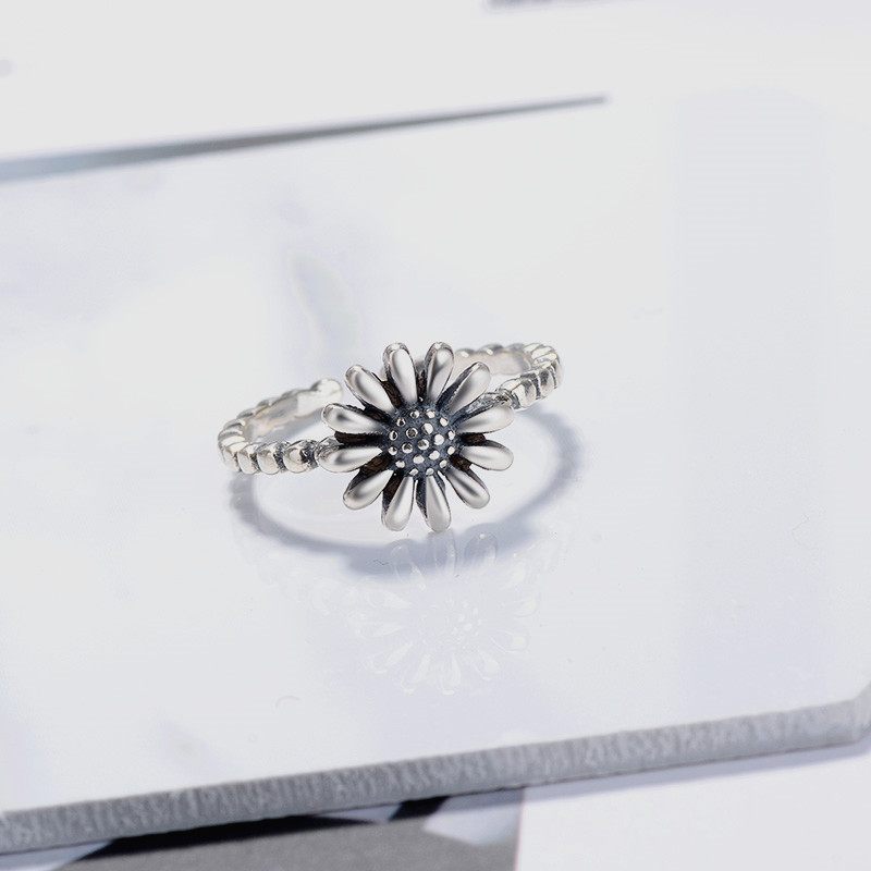 S925 Sterling Silver Vintage Daisy Thai Ezüst Gyűrű Egyszerű Irodalmi Stílusú Napvirág Állítható