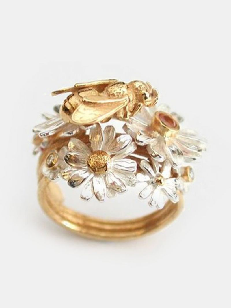 Vintage Alloy Bee Honey Flower Golden Leaf Ring