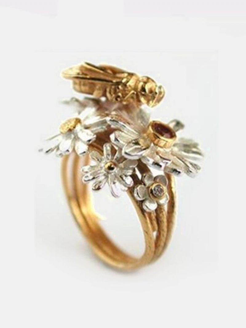 Vintage Alloy Bee Honey Flower Golden Leaf Ring