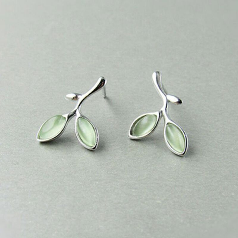 Zöld Levél Női Fülbevaló Opál Pár Divatos És Egyszerű Stílusú 925 Sterling Sliver Ear Stud