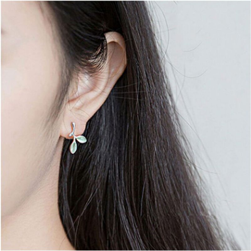 Zöld Levél Női Fülbevaló Opál Pár Divatos És Egyszerű Stílusú 925 Sterling Sliver Ear Stud