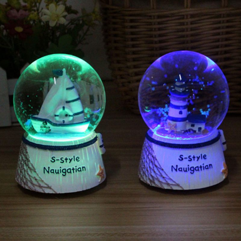 Mini Vitorlás Világítótorony Crystal Ball Led Alap 3d Éjszakai Lámpa Állvánnyal 5 Színű Változás Gyerekeknek Baba Hálószoba Dekoráció Születésnapi Ajándék Snow Global Musical Box