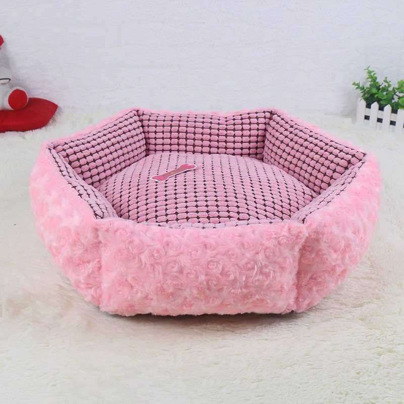 Pink Rose Velvet Pet Sleeping Bed Bed Kennel Dog Cat Téli Ágy Párna Szőnyeggel