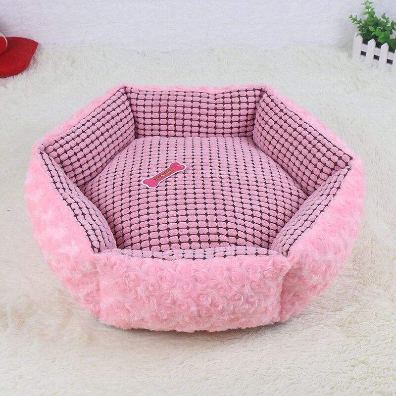 Pink Rose Velvet Pet Sleeping Bed Bed Kennel Dog Cat Téli Ágy Párna Szőnyeggel