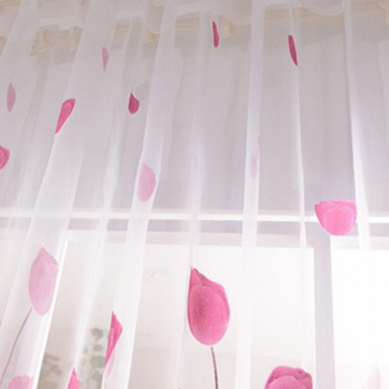 100x200 cm-es Puha Tüll Tulipán Virágos Ablakkeret Otthoni Áttetsző Ablakfüggöny