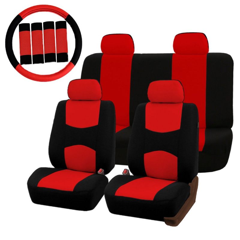 Autó Üléshuzatok Piros Fekete Teljes Készlet Kormánykerék Öv Párna Fejtámlával
