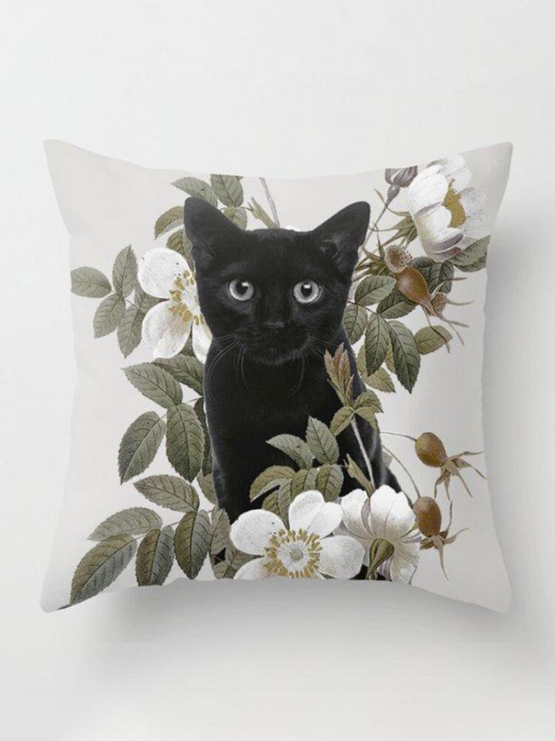 Fekete Macska És Virágmintás Vászon Párnahuzat Otthoni Kanapé Art Decor Díszpárnahuzat