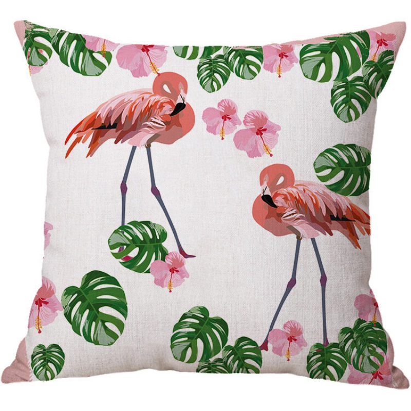 Flamingó Lenvászon Párnahuzat Minta Akvarell Zöld Trópusi Levelek Szörny Levél Pálma Aloha