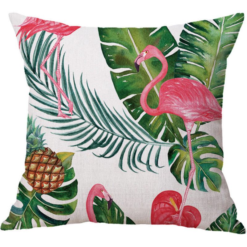Flamingó Lenvászon Párnahuzat Minta Akvarell Zöld Trópusi Levelek Szörny Levél Pálma Aloha