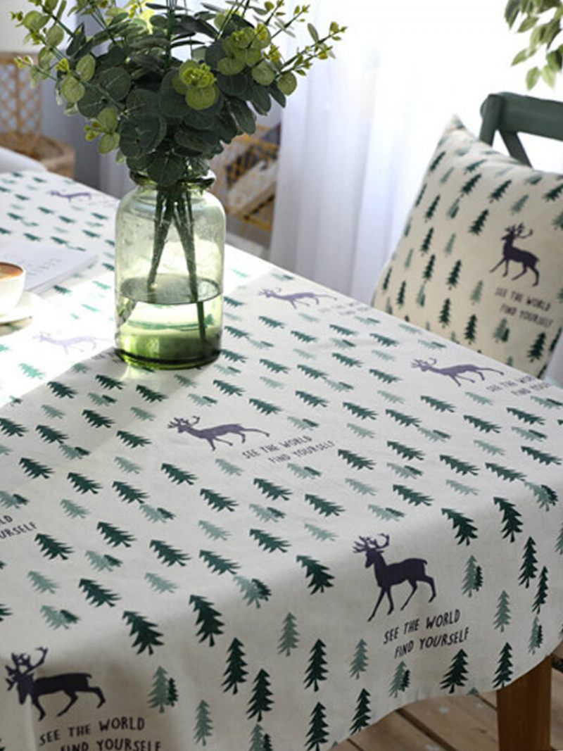 Vászon Pamut Asztalterítő 2 Párnahuzattal Zöld Fákkal Karácsonyi Esküvői Bankett Mosható Asztal