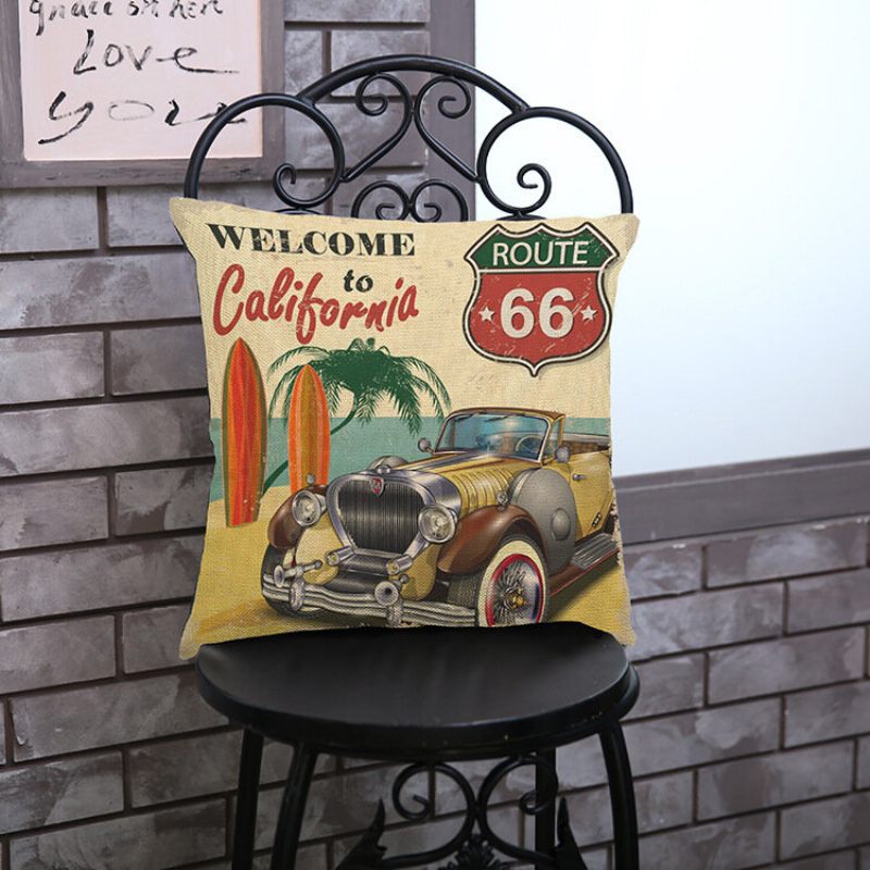 Vintage America Route 66 Classic Cars Mintás Vászon Párnahuzat Otthoni Kanapé Art Decor Párnahuzatok