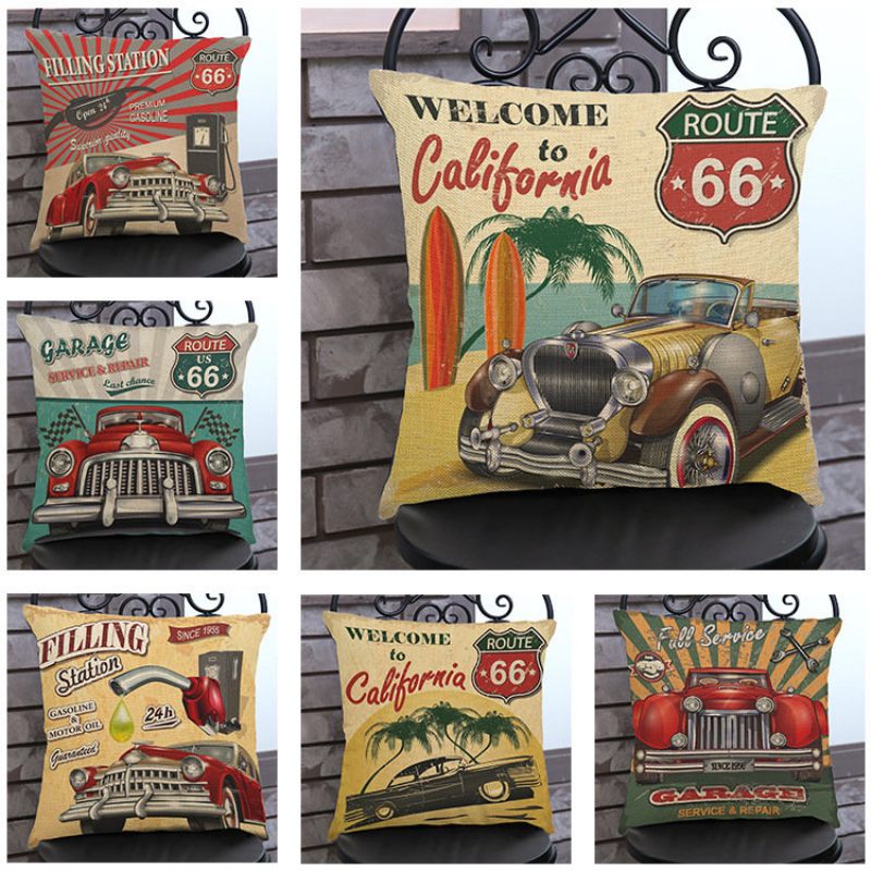 Vintage America Route 66 Classic Cars Mintás Vászon Párnahuzat Otthoni Kanapé Art Decor Párnahuzatok