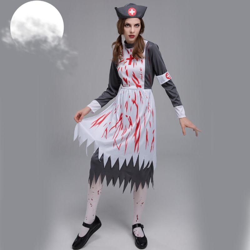 Új Halloween Cosplay Női Nővér Horror Zombi Jelmez Party Témájú Véres Ördög