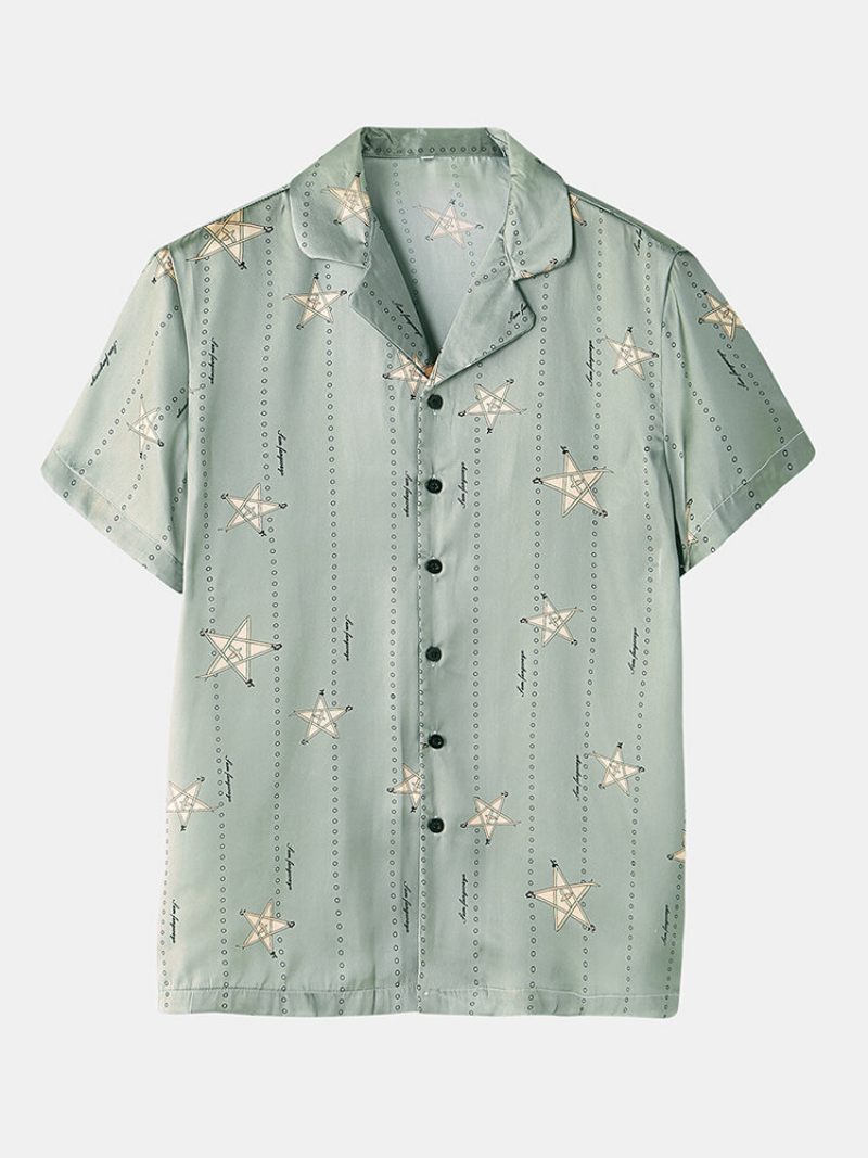 Férfi Light Green Star Print Luxus Pizsama Rövid Ujjú Műselyem Hálóruha Cozy Loungewear