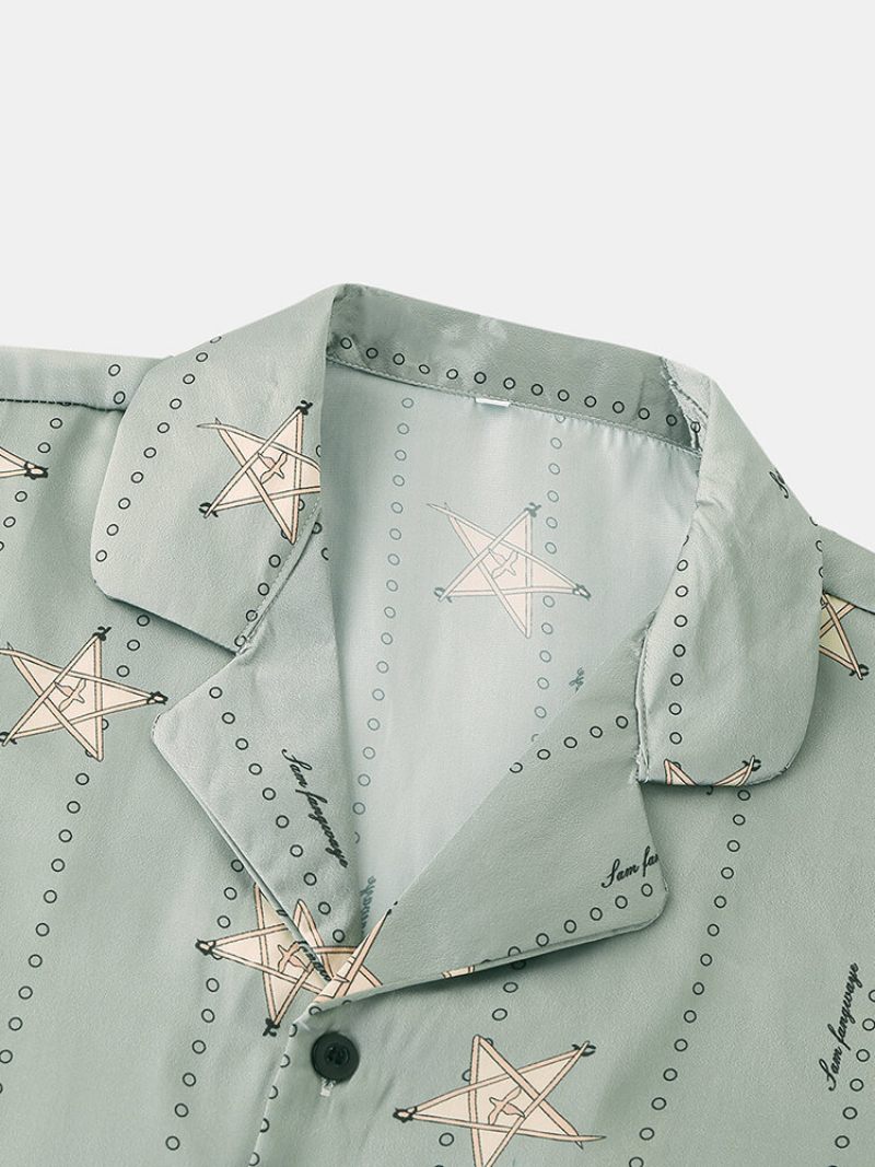 Férfi Light Green Star Print Luxus Pizsama Rövid Ujjú Műselyem Hálóruha Cozy Loungewear