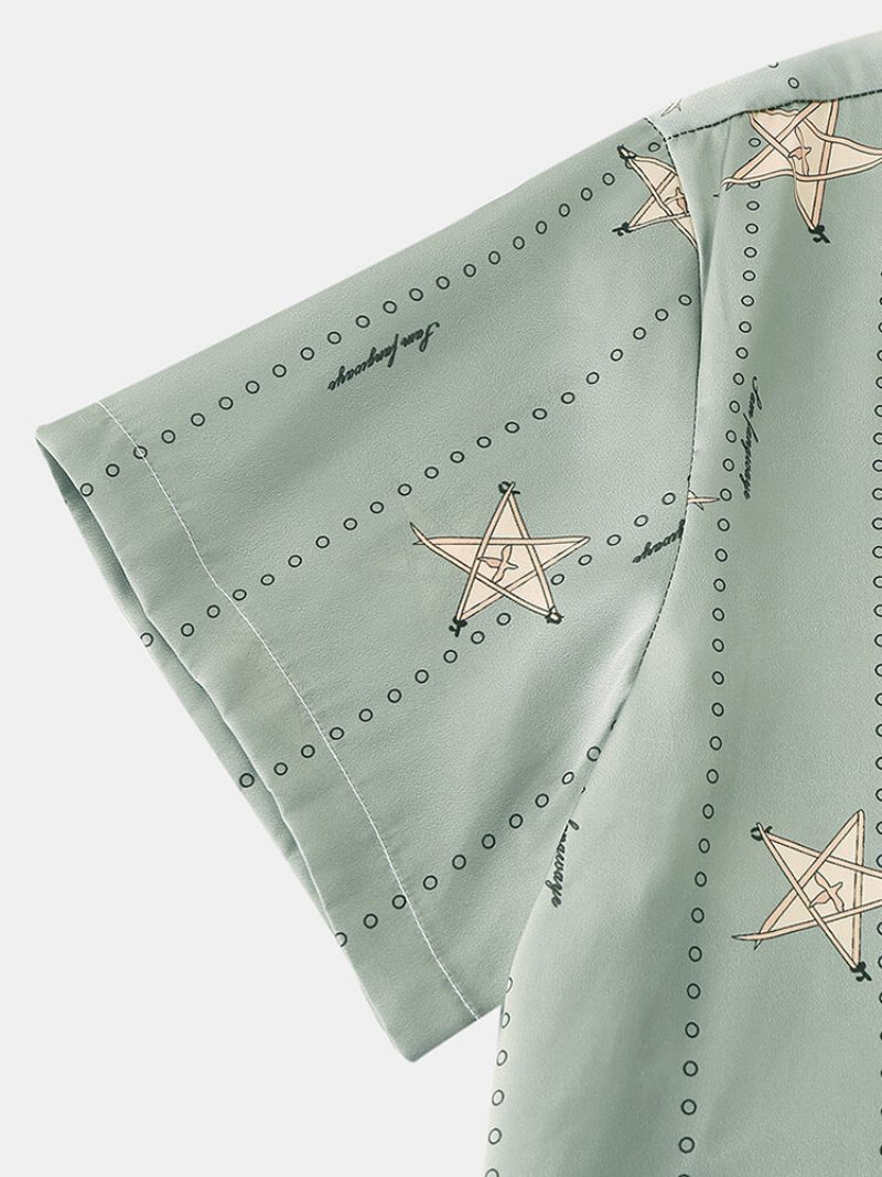 Férfi Light Green Star Print Luxus Pizsama Rövid Ujjú Műselyem Hálóruha Cozy Loungewear