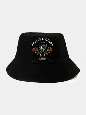 Uniszex Cotton Letters Skull Rose Print Fashion Sun Protection Bucket Hat