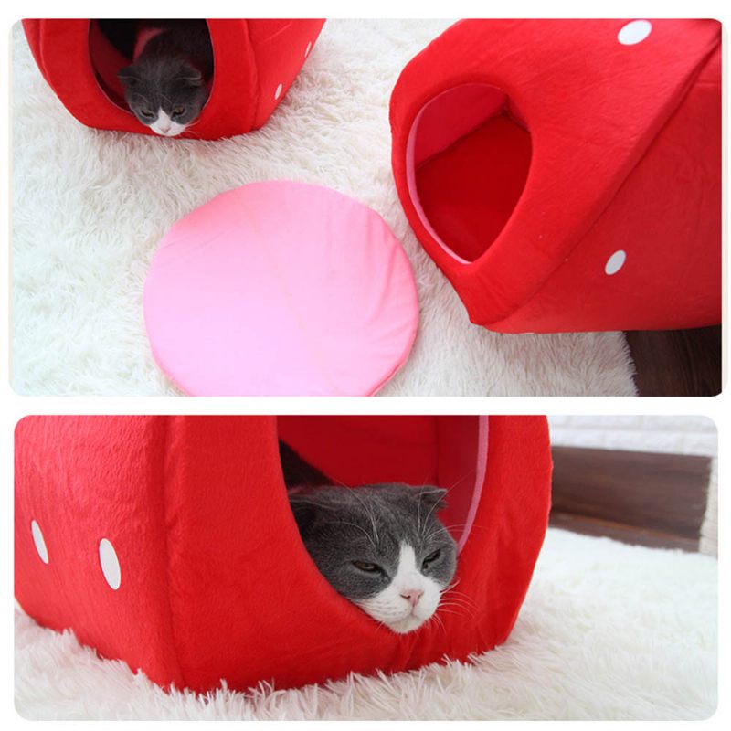 Strawberry Cat House Mosható Puha Tartós Levehető Kisállat Fészek Őszi Téli Kiegészítők Sűrített Állatágy